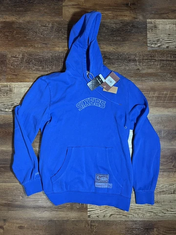 NWTS MITCHELL & NESS WASHED OUT SIXERS HOODIE SZ L HARDWOOD CLASSICS BLUE Cover