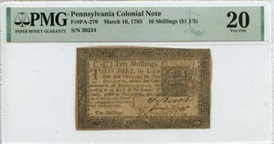1785 March 16 10 Shillings ($1 1/3) Pennsylvania Colonial PA-270 PMG VF20 - Picture 1 of 2