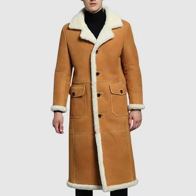 Gabardina de invierno de cuero genuino de piel de oveja de piel de oveja color camel tostado para hombre Foto 1 de 4