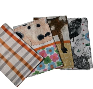 Creative Co-Op Farm Animal Tea Towels 4 Pig Goat Chicken 100% Cotton Zoe Ingram - Picture 1 of 17