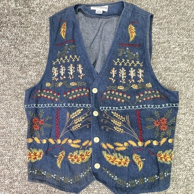 Chaleco Casey Coleman Mujer XL Azul Denim Bordado Botón Delantero Lazo Trasero Boho Foto 1 de 4