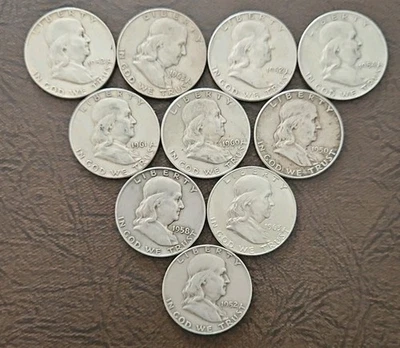Lote De 10, Medio Dólar Franklin 90% Plata, Varios Años Y Condiciones Foto 1 de 4