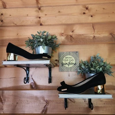 Michael Kors Kiera Mid Pump Tacones Metálicos Dorados Negro Gamuza Cuero Lazo Talla 7.5M Foto 1 de 4