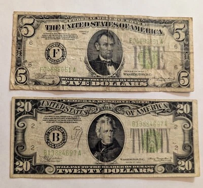 Pair of 1934 Federal Reserve Notes: 1934 $5 Atlanta & 1934 $20 New York - Image 1 of 4