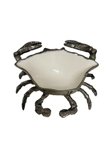 Crab Shaped Dip Cup Embossed Metal and White Enamel 6" x 6" - Picture 1 of 8