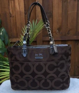 Coach Signature Tote Madison Tribeca OP Art Brown Canvas Leather Shoulder Bag - Picture 1 of 14