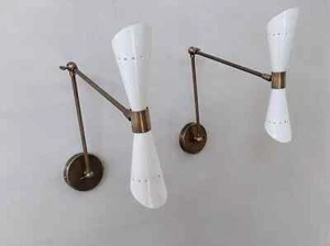 1950s Mid-Century Modern Brass Pair Of Vintage Wall Sconce Light Fixtures Lamp - Picture 1 of 6