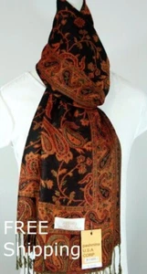 Pashmina Scarf Wrap,Shawl Paisley Black Red-Silk Cashmere*Soft* - Picture 1 of 3