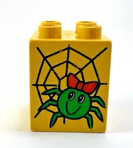 Vintage 1998 Lego Duplo gelber Stein 2x2x2 Spinne & Netz Muster Itzy Bitzy - Bild 1 von 6