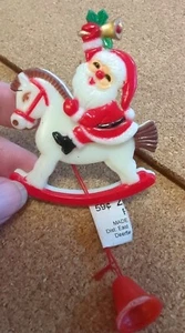 Plastic Pull String Santa Rocking Horse Christmas Pin Brooch Vtg Hong Kong - Picture 1 of 5