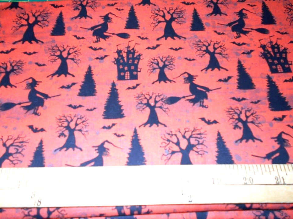 1 yard  Witches on Brooms, Haunted Houses & Bats on Orange Halloween  Fabric - Image 1 of 1