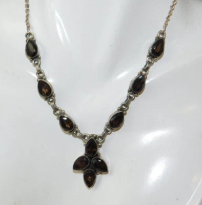 Argento Sterling Marrone Fumoso Quarzo Lunetta 16.5 " Catena Croce Collana 12e - Immagine 1 di 4