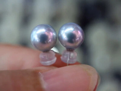 elegant 7-8mm south sea round grey pearl stud earring 925s(tim) - Image 1 of 4