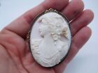 Large Art Deco Sterling Silver Filigree Coral Stone Maiden Lady Cameo Pin Brooch