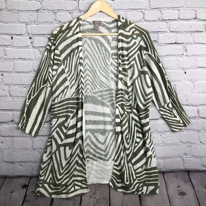 Chicos Cardigan Top Women 3 Extra Large Linen Blend Green White 3/4 Sleeve Open - Picture 1 of 12