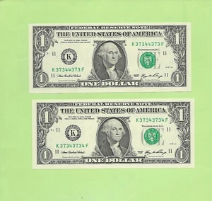 '3734 4373 & 3734 3734' .... PASSENDES .... UNZIRKULIERT $1 RADAR & REPEATER - Bild 1 von 2