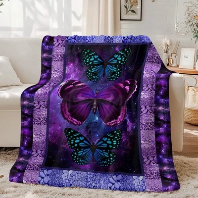 Butterfly Flannel Fleece Blanket Fuzzy Purple Blanket for Girls  50"x 60" - Image 1 of 4