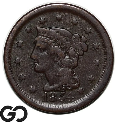 1854 Large Cent, Braided Hair - Image 1 of 3