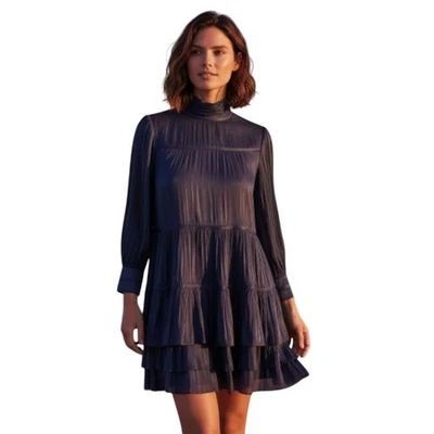 Cinq a Sept Irridescent Riva Dress Tiered Pleated Satin Mini Dress Womens Size 0 - Image 1 of 4