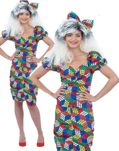 80s Rubiks Cube Dress Ladies 1980s Retro Games Fancy Dress Outfit UK 8-18 - Imagen 1 de 5