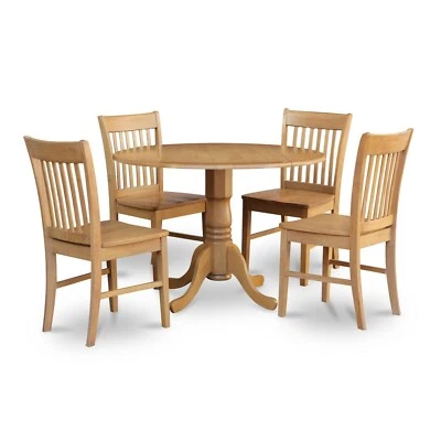 5pc round dinette kitchen pedestal dining table w/ 4 wood seat chairs light oak - Image 1 of 4
