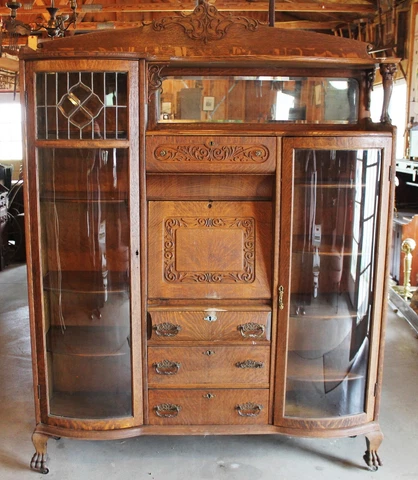 Old Antique DOUBLE SIDE BY SIDE Oak SECRETARY DESK BOOKCASE Griffin Curved Glass Cover