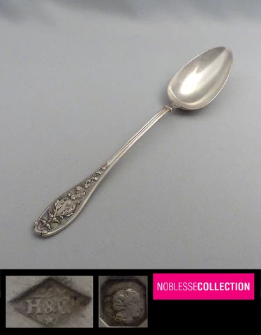HENIN ANTIQUE 1900 FRENCH STERLING SILVER STEWING SPOON Satyr's mask 10.4 in Cover