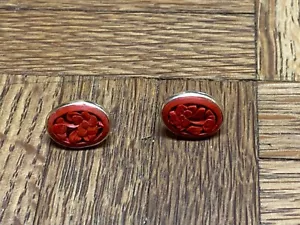 Vintage 1950s Cinnabar Gold Plated Sterling Silver Earrings China Export - Picture 1 of 4