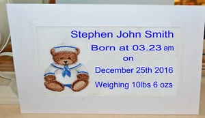A New Large Machine Embroidered Birth Card Sailor Bear  with Birth Detail - Picture 1 of 1