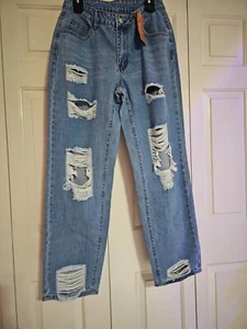 Women High Waist Ripped Straight Leg Jeans Medium Wash Size L NWT - Picture 1 of 2