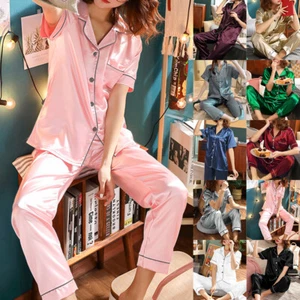Women's Satin Silk Button Loungewear Tops+ Pants Sets Lingeries Pajmas Sleepwear - Picture 1 of 26