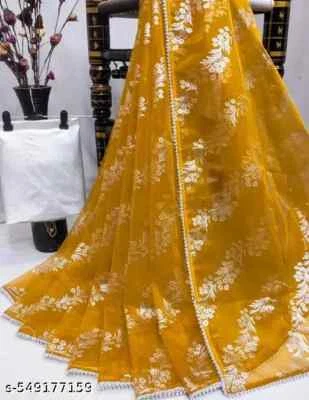 Sari Mujer Organza Estampado Lámina, con un delicado Borde de Encaje con Pieza Blusa Foto 1 de 4