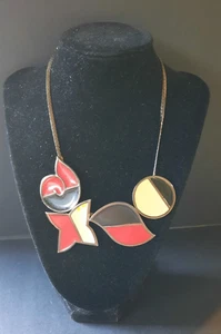 VINTAGE MONET "DIRECTIVE " ART DECO RUNWAY NECKLACE RED BLACK CREAM CLOISONNE - Picture 1 of 6
