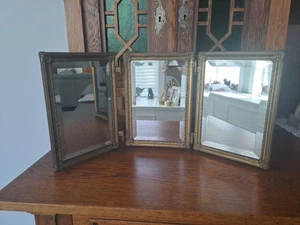 Vintage Antique Trifold Triptych Hanging Beveled Glass Shaving Mirror - Picture 1 of 16