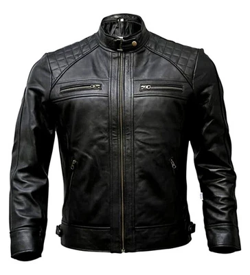 Café Racer Men Leather Jacket Black Brown Biker Genuine Sheep skin Leather - Image 1 of 4