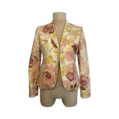 Ann Taylor long sleeve cotton linen floral pink yellow women blazer size 2P - Image 1 of 4