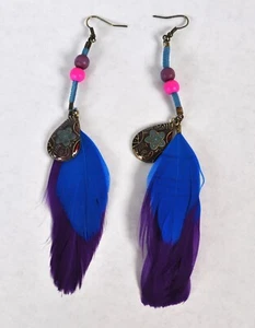 Wholesale (9) Pr.Blue/Purple Feather Earrings Pierced Boho Festival Party Hippie - Picture 1 of 9