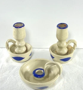 Williamsburg Pottery Ceramic Candlesticks Handles Colonial Blue & Bisque Lot 3 - Picture 1 of 10