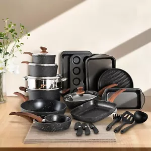 30 Piece Cookware Set Nonstick Kitchen Cooking Pots Black Granite Pots and Pans - Picture 1 of 9