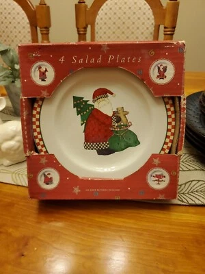 Sakura Christmas Plates 8.25" SANTA Debbie Mumm 4-Piece Set Ironestone Vtg - Image 1 of 4