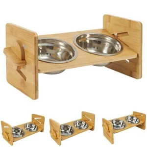 Bamboo 4 Level Adjustable Raised Pet Bowls Dog Bowl Station Elevated Food Stand - Picture 1 of 12