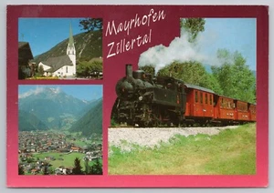 Tren de vapor e iglesia en Mayrhofen Zillertal Austria c1989 postal - Imagen 1 de 2