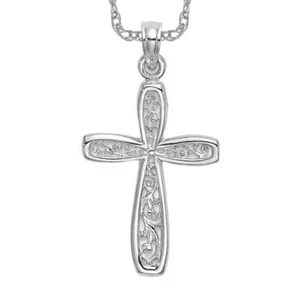 10K Solid White Gold Filigree Cross Necklace - Picture 1 of 12