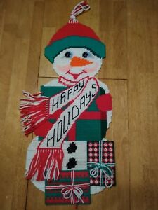 Handmade Needlepoint Door Wall Hanging Snowman Happy Holidays Presents 2'