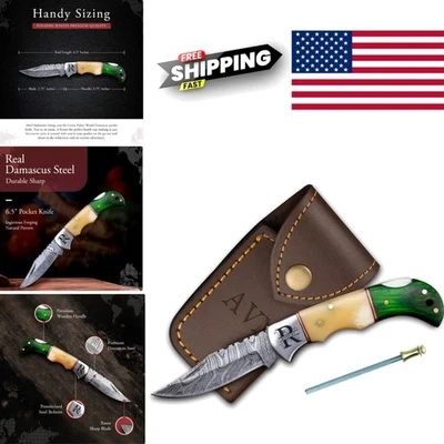 Customized Damascus Steel Pocket Knife with Sheath for Outdoor Adventures - Image 1 of 4