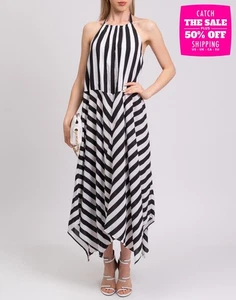 TWINSET U&B Asymmetric A-Line Dress Size XL Black Striped Halter Neck - Picture 1 of 7