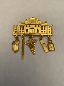 Vtg Hospital Brooch Gold Tone Jonette Jewelry "JJ" Signed Medical Themed Dangles - Picture 1 of 13