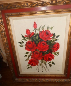 Hand-Painted Bouquet of  Roses Original Oil Painting ***Signed ***Vintage  Frame - Picture 1 of 5