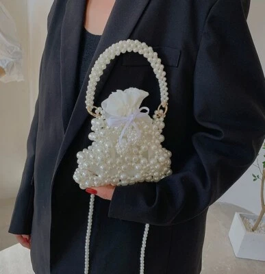 Mujeres Perla Artificial Tejido Bolso de Mano Bolso de Hombro Verano Viaje Bolso Cartera Foto 1 de 4