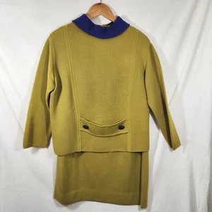 Puccini 50s 60s 2pc Wool Skirt Top Set Sz 16 Jackie O Mcm Yellow Green Hong Kong - Picture 1 of 15